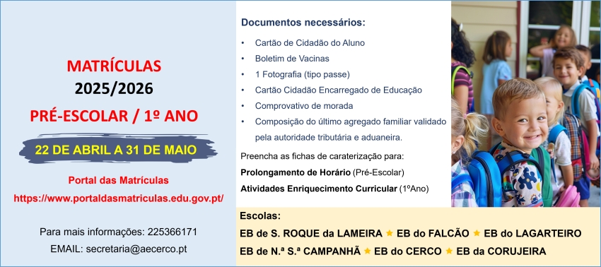 Matrículas 2025/26 - 1.º Ano / Pré-Escolar